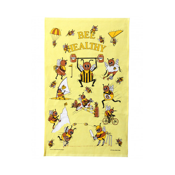 Essuie-vaisselle (torchon) en coton, aux motifs amusants et représentants des abeilles entrain de faire du sport.
