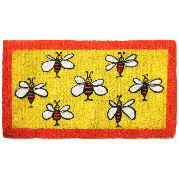 Grand paillasson en coco, avec bordure rouge et abeilles sur fond jaune.