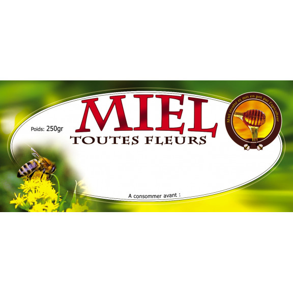 Etiquettes MIEL TOUTES FLEURS - fleurs jaunes et cuillère à miel - 250 gr