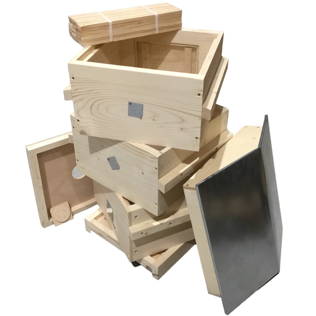 Ruche Warré vitrée avec toit chalet et fond ventilé en éclaté, face arrière