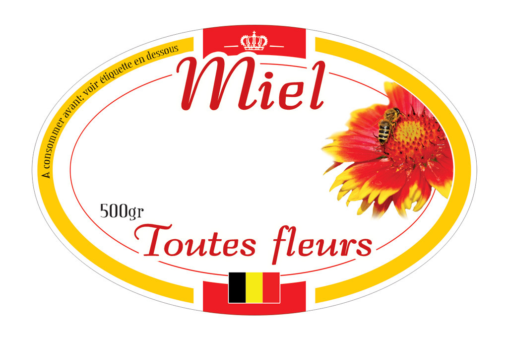 Etiquettes Ovales MIEL - "Toutes fleurs - drapeau Belge" 500gr