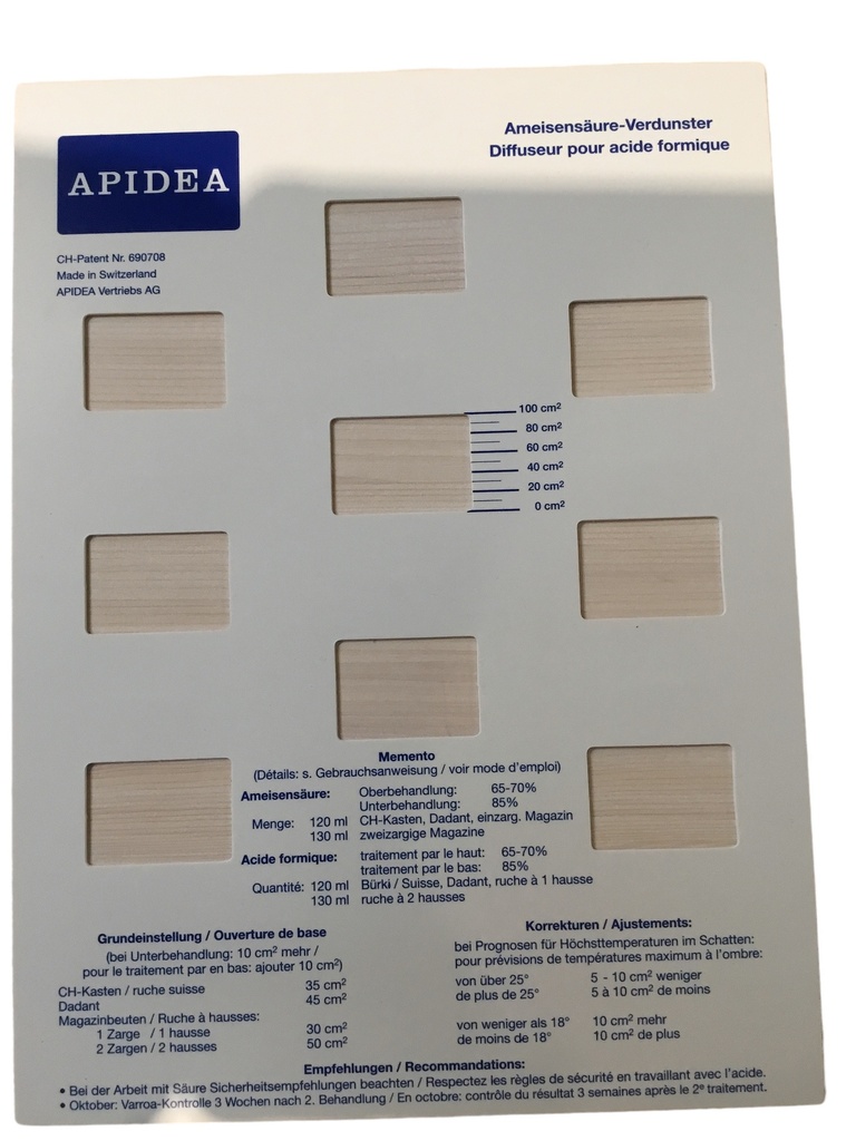 Plaque PVC coulissante de remplacement avec instructions pour évaporateur d'acide formique APIDEA