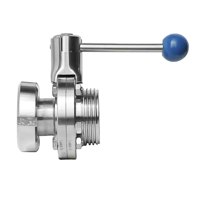 Vanne à disque DN 40 avec écrou pivotant et bride à vis laitière Rd 65 x 1/6″, Matériau : AISI 316L, NBR