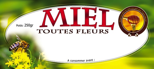 [E0068] Etiquettes MIEL toutes fleurs - "Fleurs jaunes  + cuillère à miel" 250gr