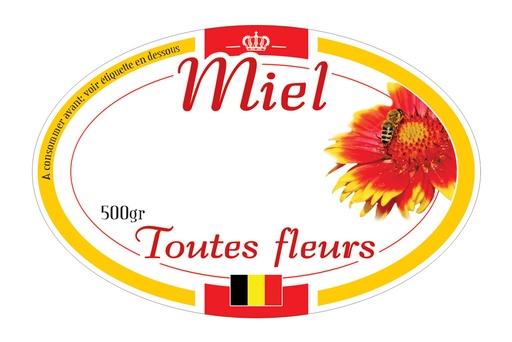 [E330] Etiquettes Ovales MIEL - "Toutes fleurs - drapeau Belge" 500gr